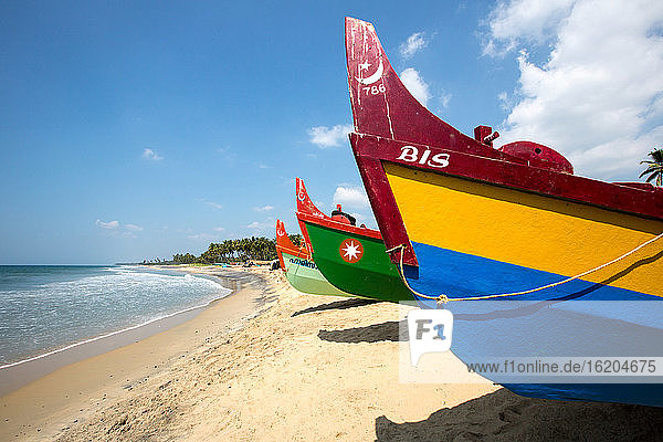 Row of colorful beached fishing boats, Varkala, Kerala, India