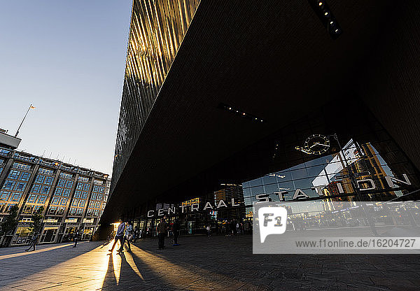 Exterior of Rotterdam Central Station at dusk  Rotterdam  Netherlands