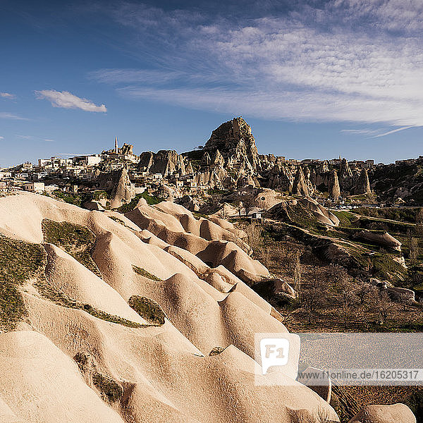 View of rock formations, Uchisar, Goreme National Park, Cappadocia, Anatolia, Turkey