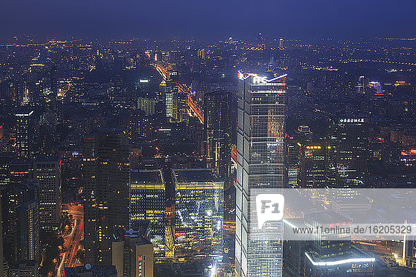 Aerial view of Beijing Central Business District and Downtown Beijing illuminated at night, China