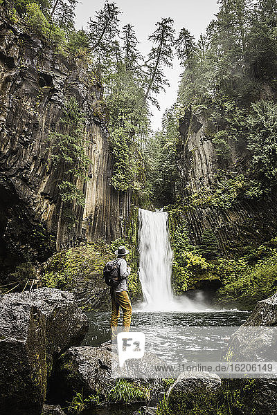 Man standing on boulder looking at Toketee Falls; Umpqua National Forest  Oregon  USA