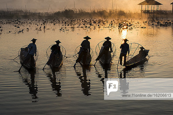 Fischer beim Fischen mit traditionellen Fangtechniken in der Abenddämmerung  Inle-See  Shan-Staat  Myanmar