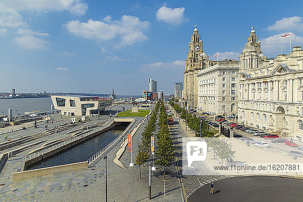 Pier Head  view of Mersey Ferry Terminal and the Three Graces Buildings  UNESCO World Heritage Site  Liverpool  Merseyside  England  United Kingdom  Europe
