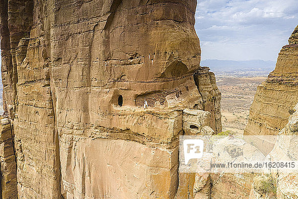 Aerial view of opening carved in rocks  entrance of Abuna Yemata Guh church  Gheralta Mountains  Tigray Region  Ethiopia  Africa