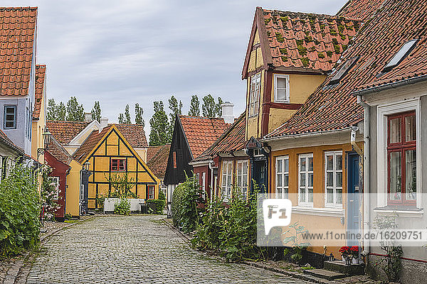Denmark  Region of Southern Denmark  Aeroskobing  Old town houses along cobblestone street