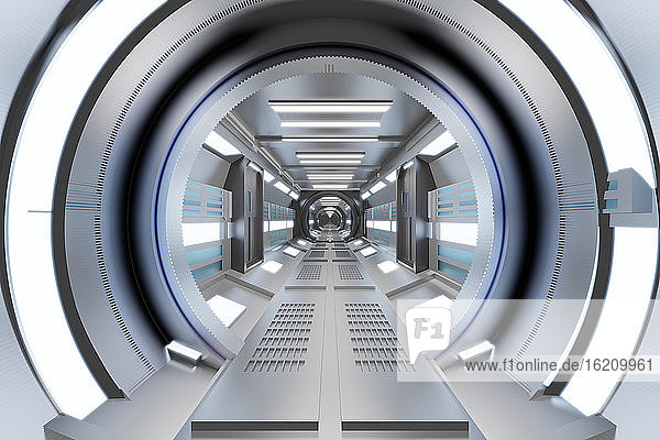 Dreidimensionales Rendering von hellen futuristischen Korridor im Inneren Raumschiff oder Raumstation