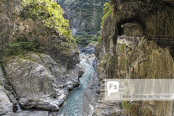 Taiwan  Hualien county  Taroko National Park  Taroko gorge with road and tunnel
