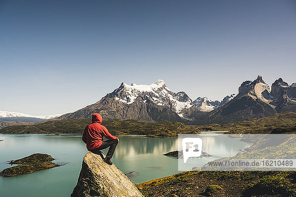 Man in hooded jacket looking at view of Lake Pehoe in Torres Del Paine National Park  Chile Patagonia  South America