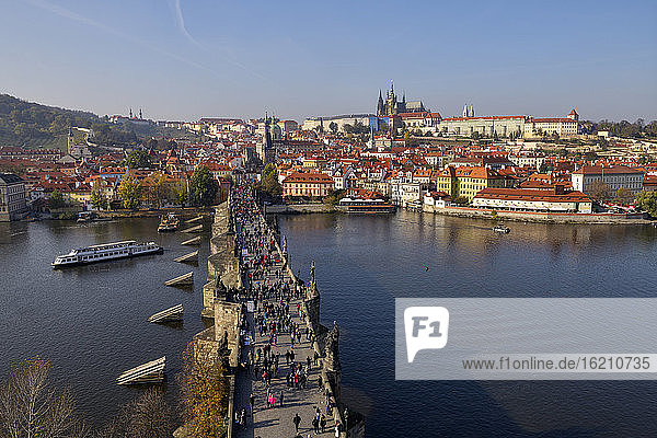 Czech Republic  Prague  People walking along Charles Bridge