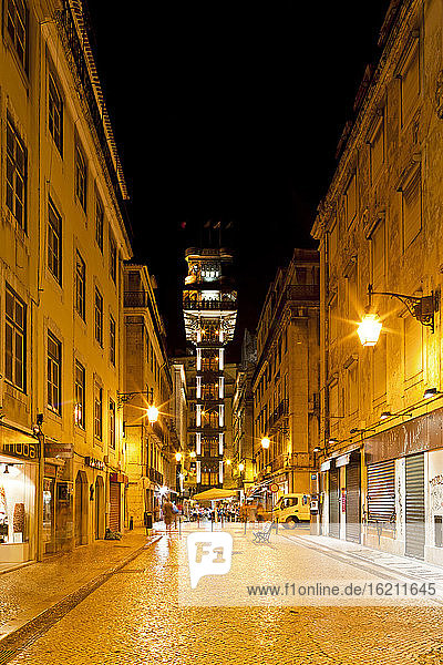 Europe  Portugal  Lisbon  View of Elevador de Santa Justa which connects districts of Baixa and Chiado at night
