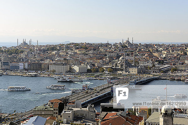 Turkey  Istanbul  View of Galata tower and Galatabridge at Golden horn