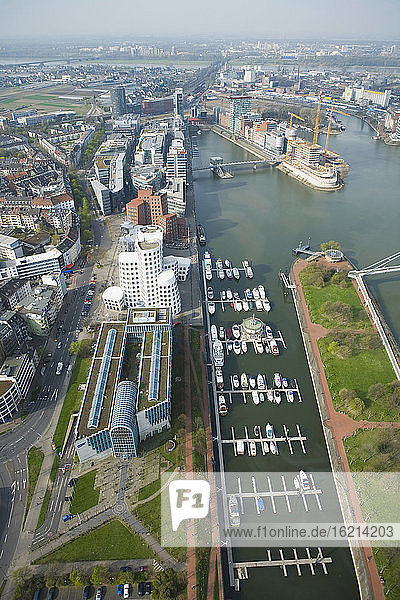 Germany, North-Rhine-Westphalia, Duesseldorf, View of Media Harbour, elevated view