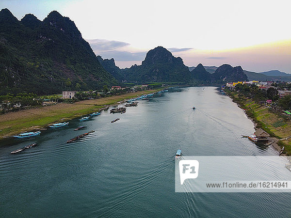 Vietnam  Quang Binh Province  Aerial view of Con River at dusk