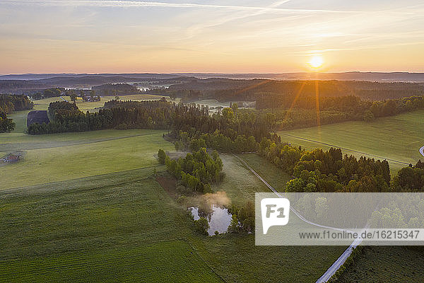Deutschland  Bayern  Oberbayern  Tolzer Land  bei Eurasburg  Feld mit Teich bei Sonnenaufgang  Luftaufnahme