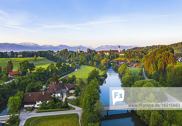 Germany  Bavaria  Upper Bavaria  Tolzer Land  near Eurasburg  Loisach river crossing Beuerberg  aerial view