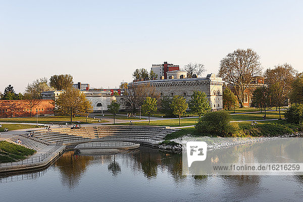 Germany  Bavaria  Upper Bavaria  Ingolstadt  Reduit Tilly  View of army museum with danube river in foreground