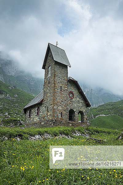 Switzerland, View of church at Meglisalp mountain pasture