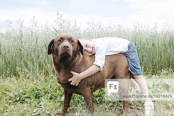 Smiling boy embracing Chocolate Labrador while standing against plants