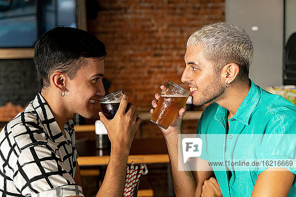 Loving gay couple looking at each other while drinking beer in bar