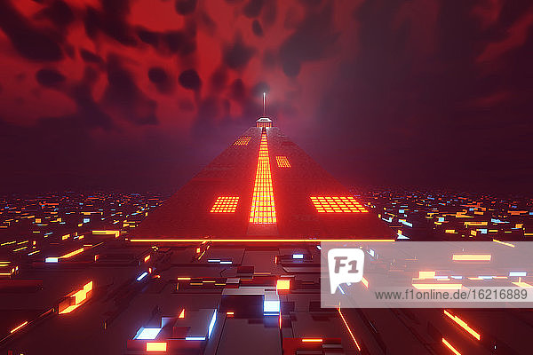 Three dimensional render of pyramid in futuristic city at night