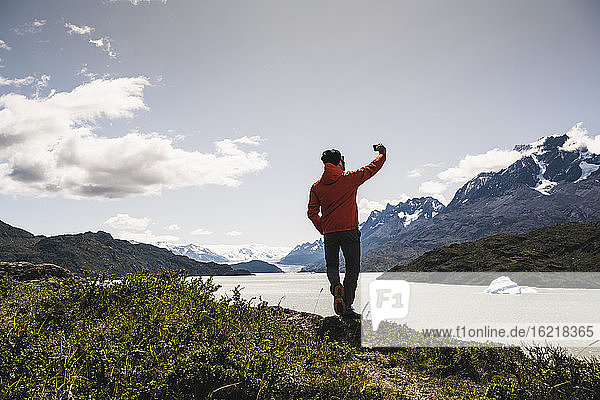 Man taking selfie while standing at Torres Del Paine National Park  Patagonia  Chile  South America