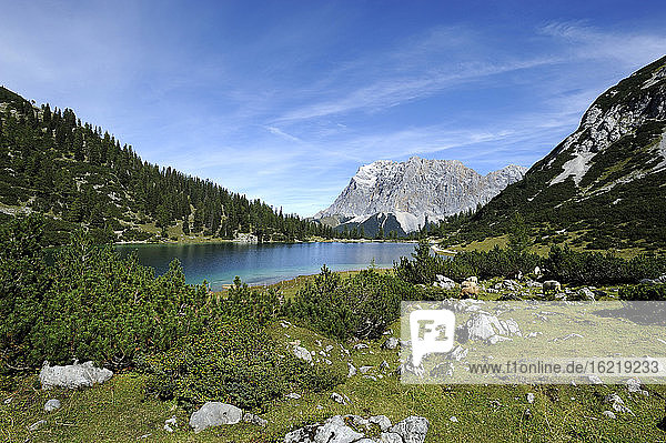 Austria  Tyrol  View of Seebensee lake and Zugspitze mountain