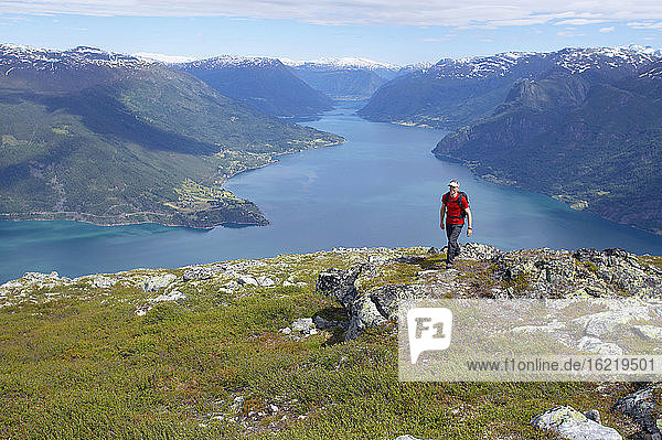 Norwegen  Lustrafjord  Mann wandert über Klippenlinie