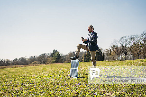 Männlicher Fachmann  der ein Smartphone benutzt  während er mit einem Solarmodul auf einer Wiese im Park steht  gegen einen klaren Himmel an einem sonnigen Tag