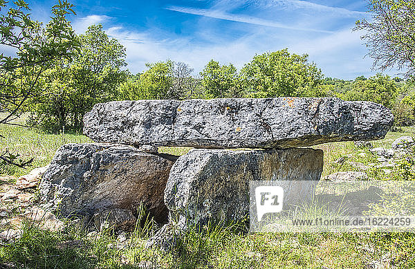 Frankreich,  Lot,  Regionaler Naturpark Causses de Quercy,  Sensibler Naturraum von Brauhnie,  ein Dolmen (Kupferzeit,  2000 v. Chr.)