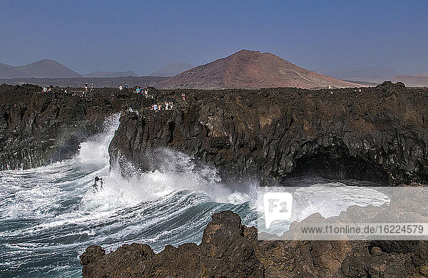 Spain  Canary Islands  Lanzarote Island  raging ocean at El Golfo