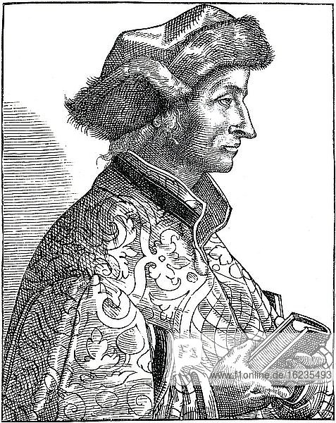 Sebastian Brant  oldest preserved portrait after a woodcut in Reusner Icones. Historical illustration from Otto von Leixner: Illustrated history of German literature. Leipzig and Berlin 1880  first volume