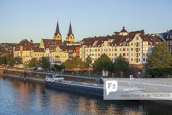 Peter Altmeier bank on the Moselle with old town and inland waterway vessel in the evening light  Koblenz  Rhineland-Palatinate  Germany  Europe