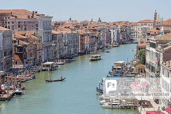 View of Canal Grande from above  with boat and Venetian gondola  Venice  Italy  Europe