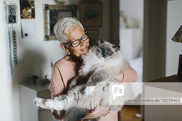 Ältere Frau hält Katze
