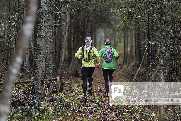Mann und Frau laufen im Wald