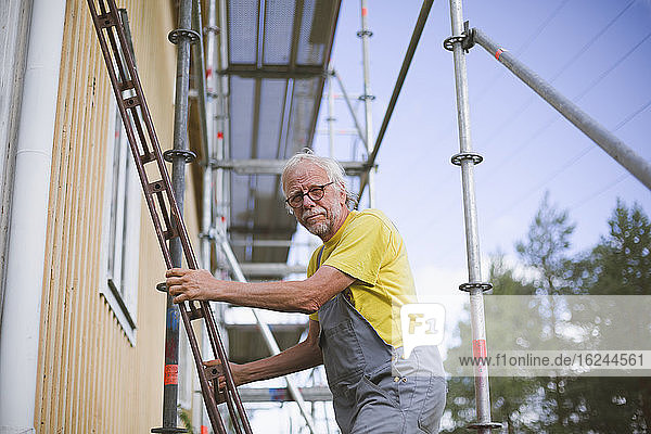 Senior man standing on ladder