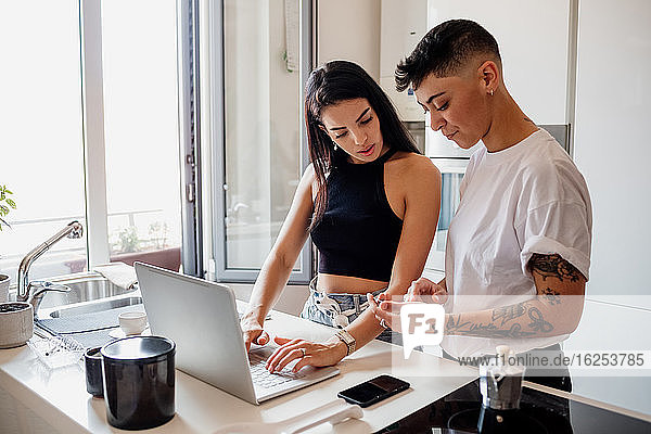 Young lesbian couple standing in kitchen  using laptop.