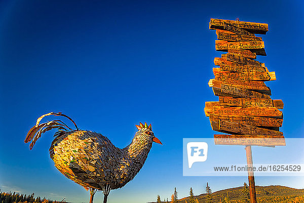 Sonnenuntergangsglühen auf der metallenen Hühnerskulptur und dem Wegweiser auf dem Hügel der historischen Bergbaustadt Chicken  Inneres Alaska im Herbst; Chicken  Alaska  Vereinigte Staaten von Amerika