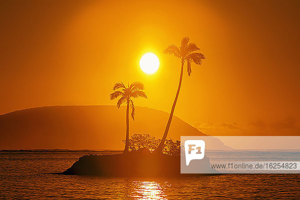 Sonnenaufgang am Kahala Beach Wai?alae Beach Park mit einer Fackel um die Sonne in einem leuchtend roten Himmel der sich im ruhigen Wasser spiegelt; Oahu Hawaii Vereinigte Staaten von Amerika