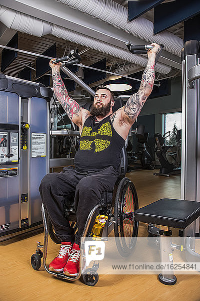 A paraplegic man working out using an overhead press in fitness facility; Sherwood Park  Alberta  Canada