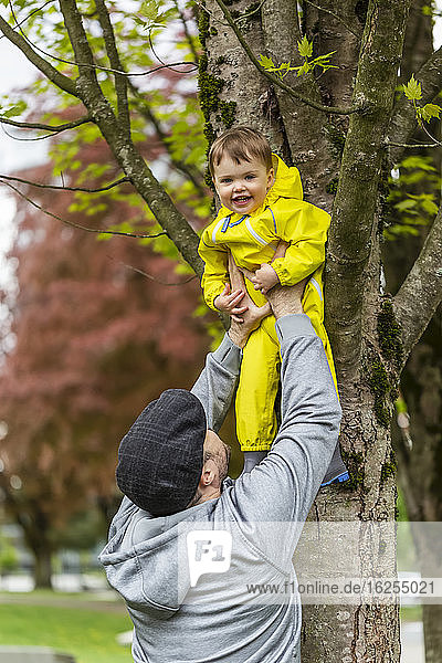 Vater hebt Tochter im Park auf einen Baum  während sie vor Freude in die Kamera lächelt; Surrey  British Columbia  Kanada