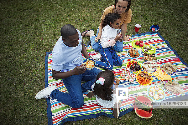 Familie genießt Picknick auf einer Decke im Park