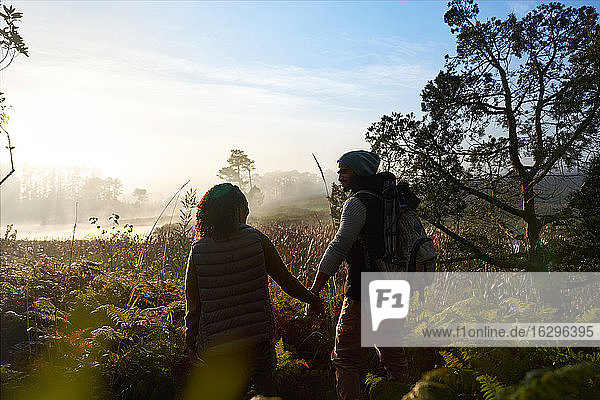 Young couple hiking in tranquil sunny foggy landscape