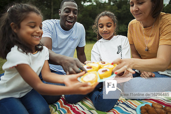 Familie genießt Törtchen auf einer Picknickdecke im Park