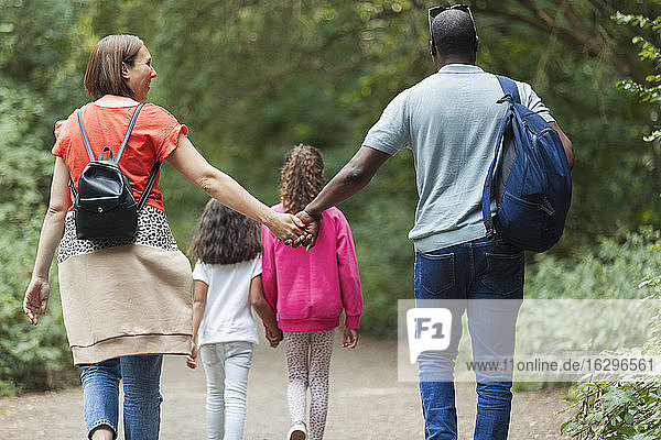 Affectionate family holding hands hiking on trail in woods