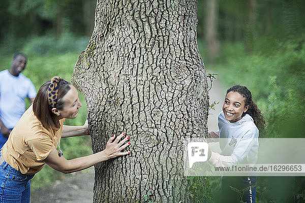 Verspielte Mutter und Tochter am Baum im Wald