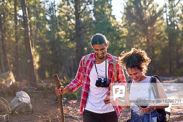 Happy young couple hiking with binoculars and camera in sunny woods
