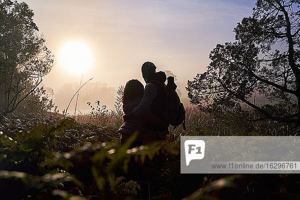 Silhouette serene young couple enjoying sunset in nature