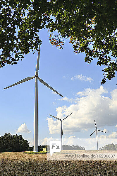Deutschland,  Bayern,  Windkraftanlagen auf einem Feld bei Coburg