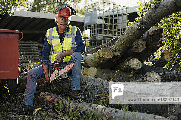 Wrinkled man holding chainsaw while sitting over log in forest